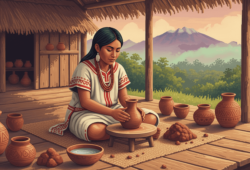 Mujer U'wa moldeando una vasija de barro.